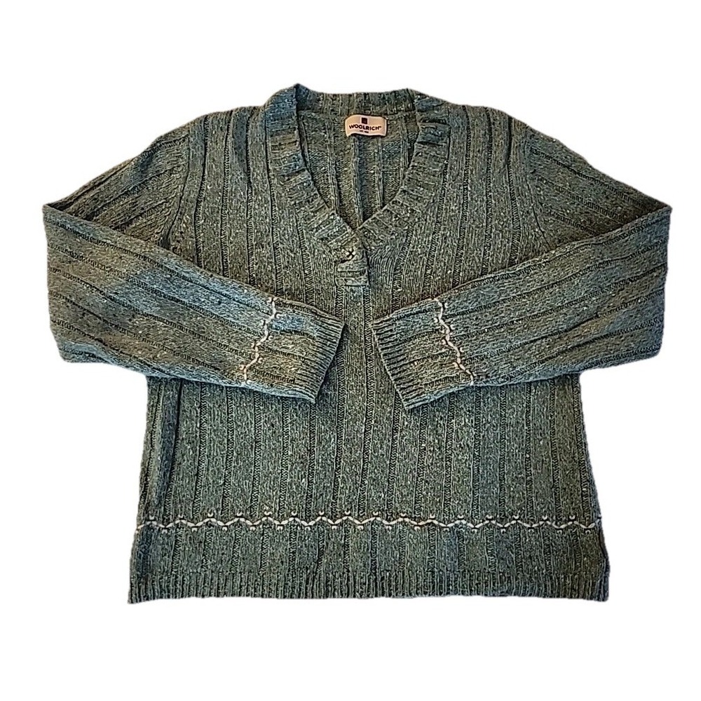 Woolrich Womens Sweater Size S Embroidered Green Rib Knit Cottage Cabin Cozy